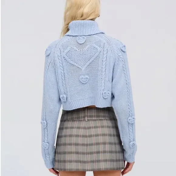 NWT FOR LOVE & LEMONS Rebecca Heart Sweater Size S & M in Blue Knit Turtle Neck - Picture 3 of 11